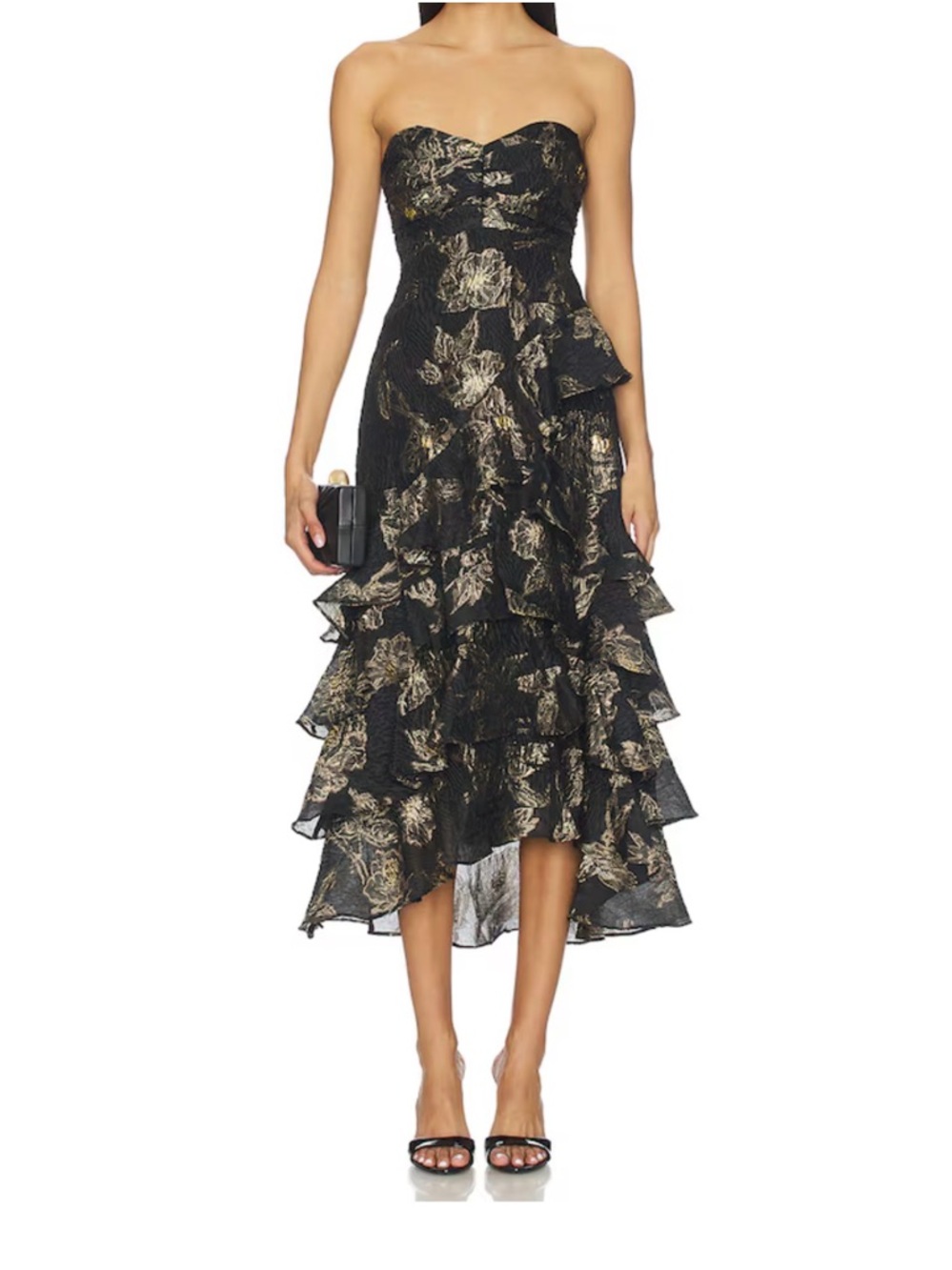 Astr Black Strapless Ruffle Floral Cocktail Dress with Gold Accents